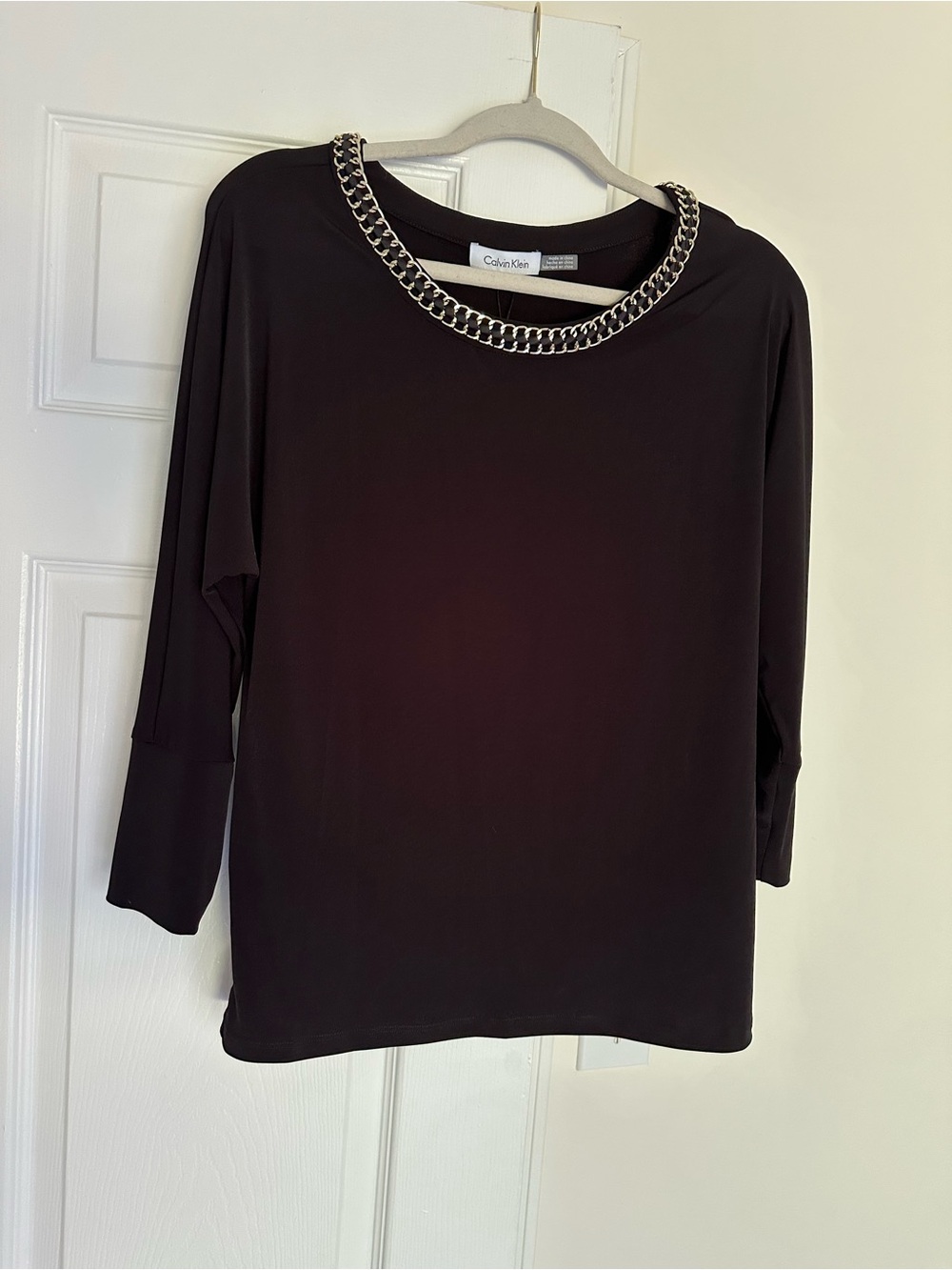 Calvin Klein Black Long-Sleeve Top with Silver Chain Neckline